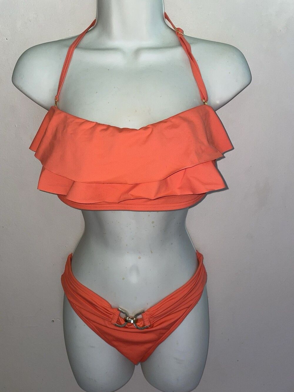 Michael Kors Bikini Set Size M Medium Neon Coral Orange Flounce Swimsuit